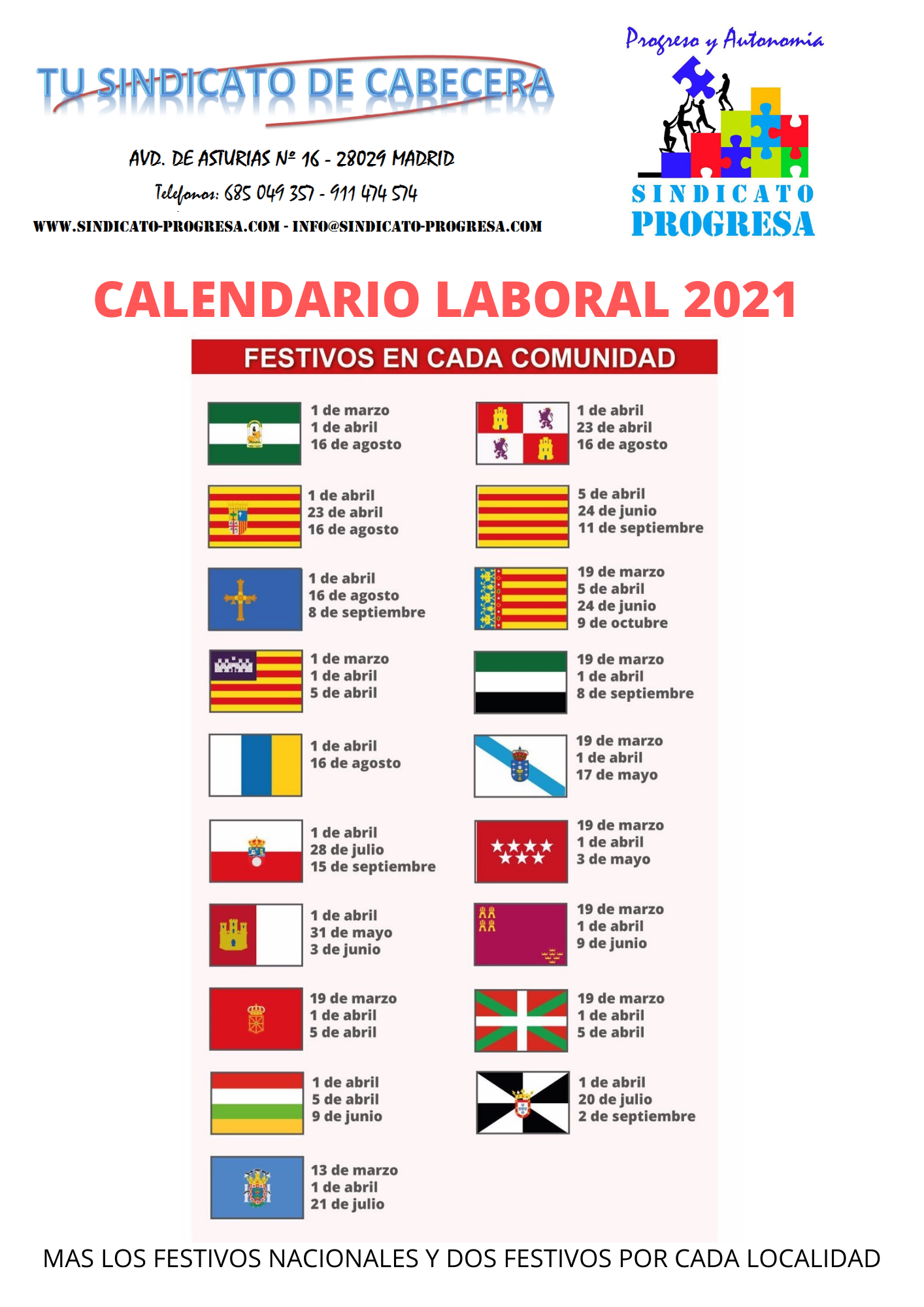 CALENDARIO LABORAL 2021 - TU SINDICATO DE CABECERA